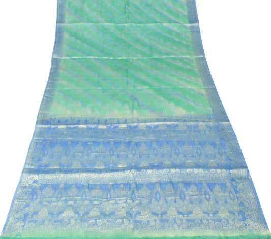 Sushila Vintage Green Blue Saree All Over Woven Pure Tussar Sari Fabric