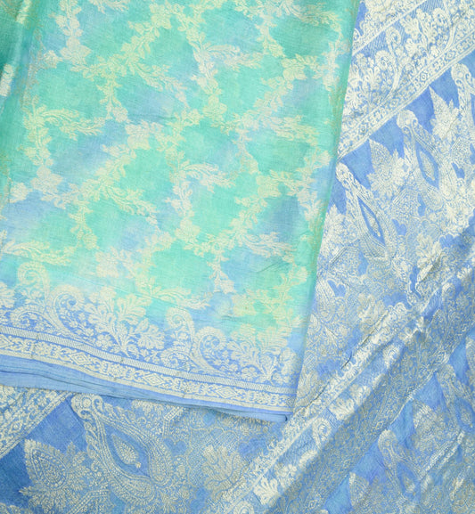 Sushila Vintage Green Blue Saree All Over Woven Pure Tussar Sari Fabric
