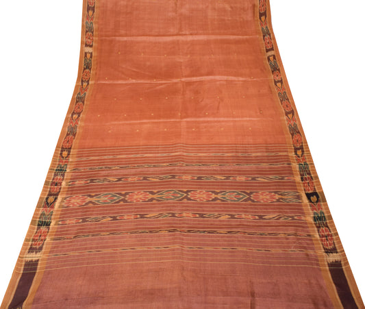 Sushila Vintage Rust Pure Silk Saree Hand Woven Ikat Floral Sambalpuri Sari Fabric