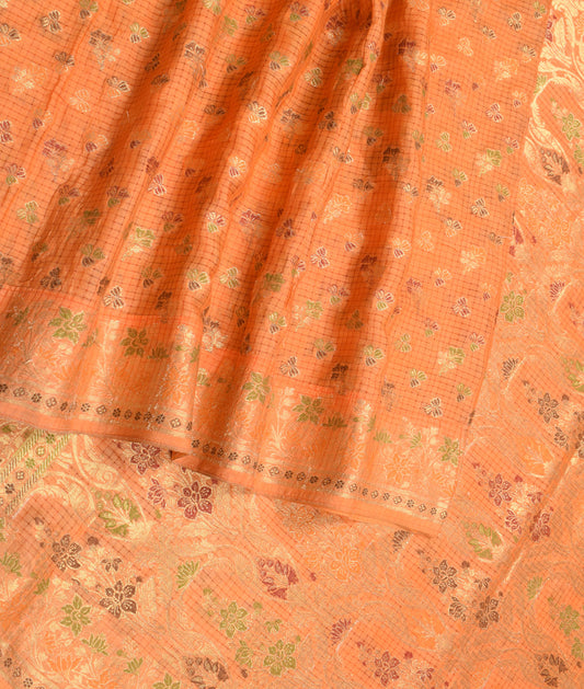 Sushila Vintage Orange Saree Pure Tussar Silk All Over Woven Sari Fabric