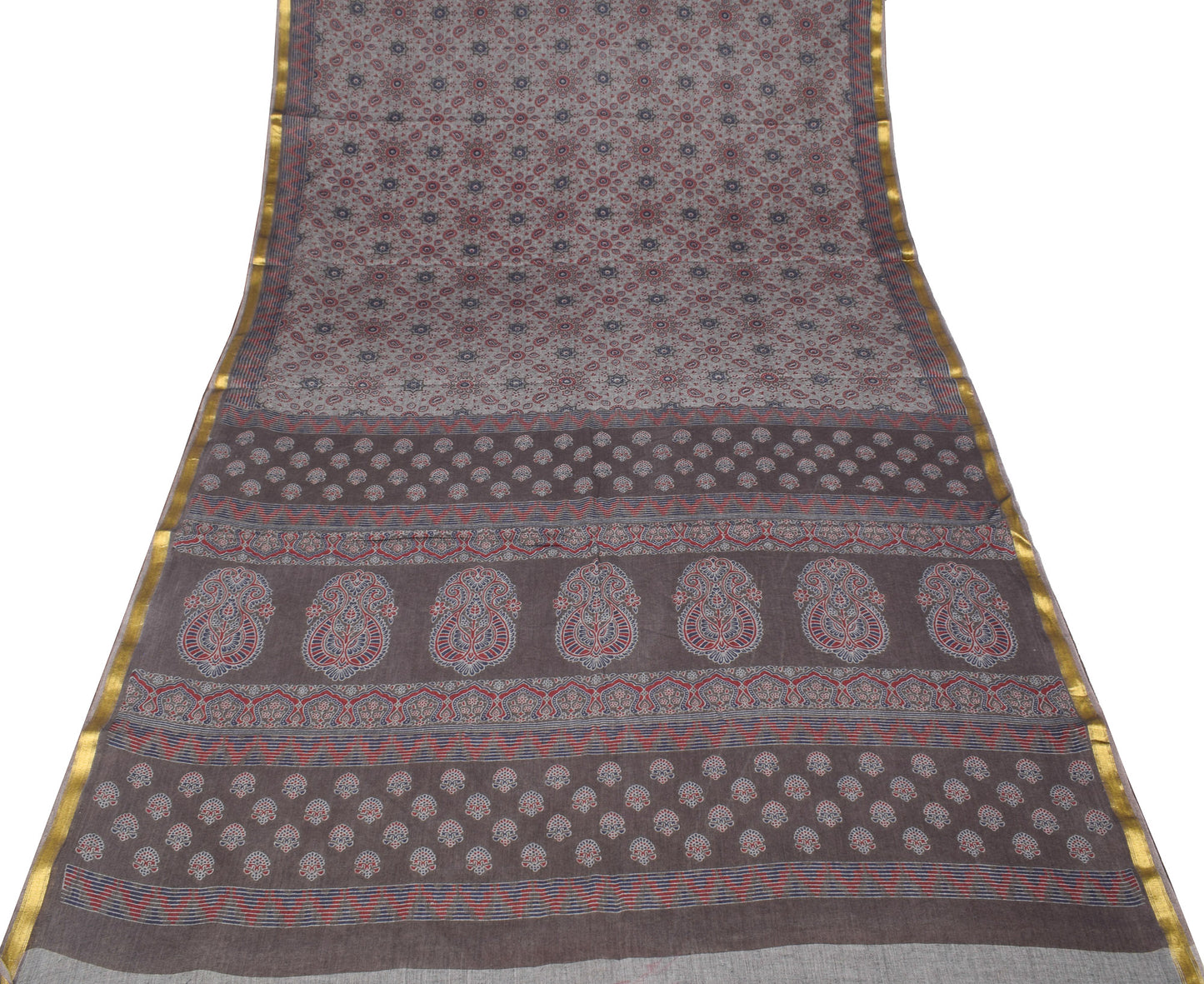 Sushila Vintage Ajrakh Block Print Saree Gray Pure Cotton Printed Soft Craft Fabric