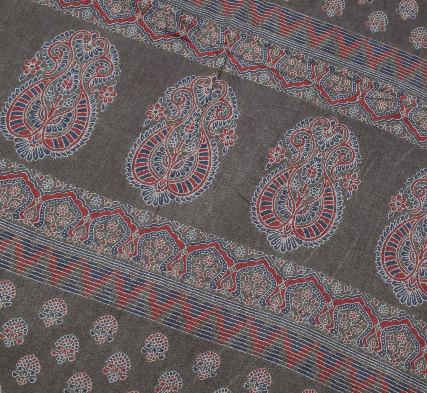 Sushila Vintage Ajrakh Block Print Saree Gray Pure Cotton Printed Soft Craft Fabric