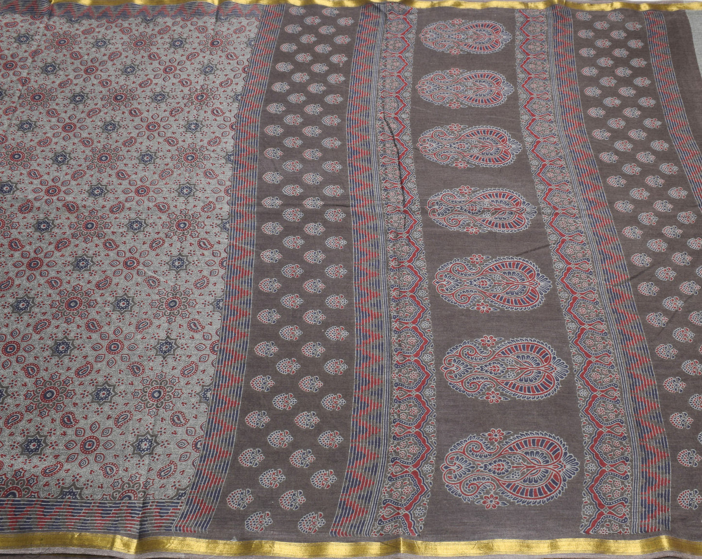 Sushila Vintage Ajrakh Block Print Saree Gray Pure Cotton Printed Soft Craft Fabric