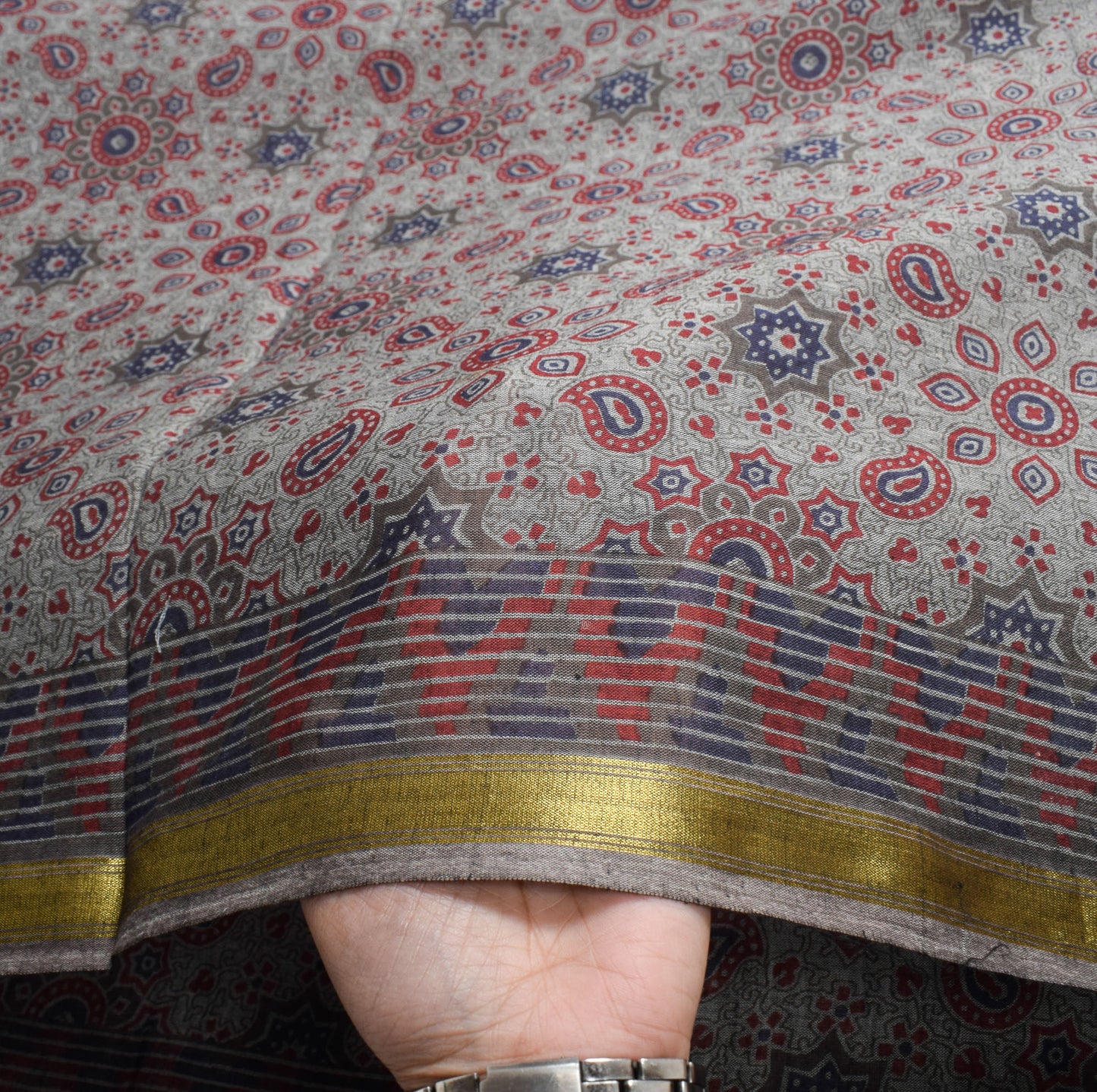 Sushila Vintage Ajrakh Block Print Saree Gray Pure Cotton Printed Soft Craft Fabric