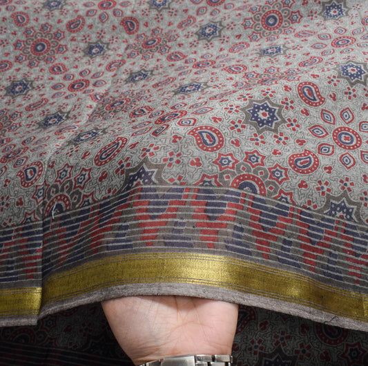 Sushila Vintage Ajrakh Block Print Saree Gray Pure Cotton Printed Soft Craft Fabric