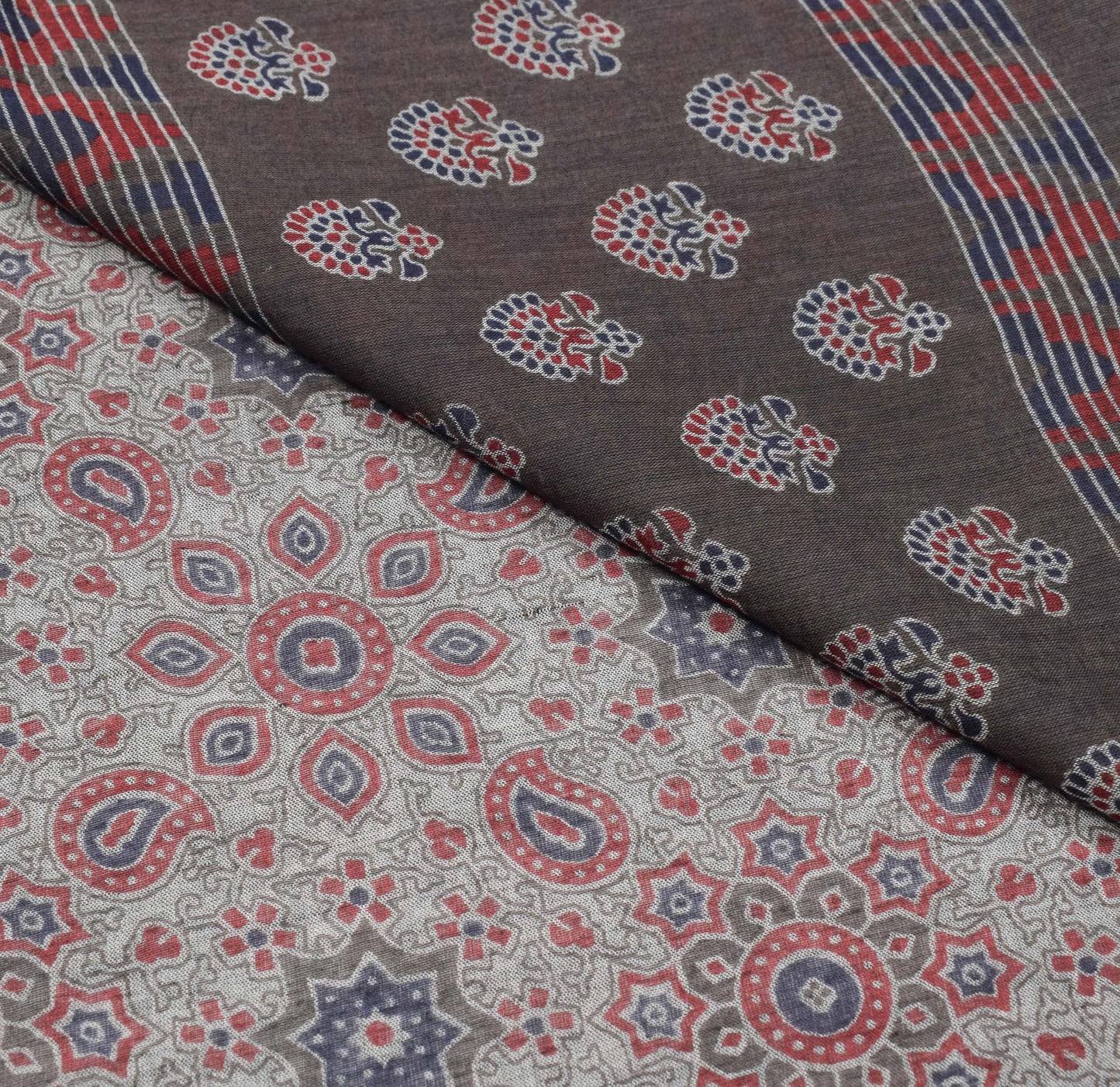 Sushila Vintage Ajrakh Block Print Saree Gray Pure Cotton Printed Soft Craft Fabric