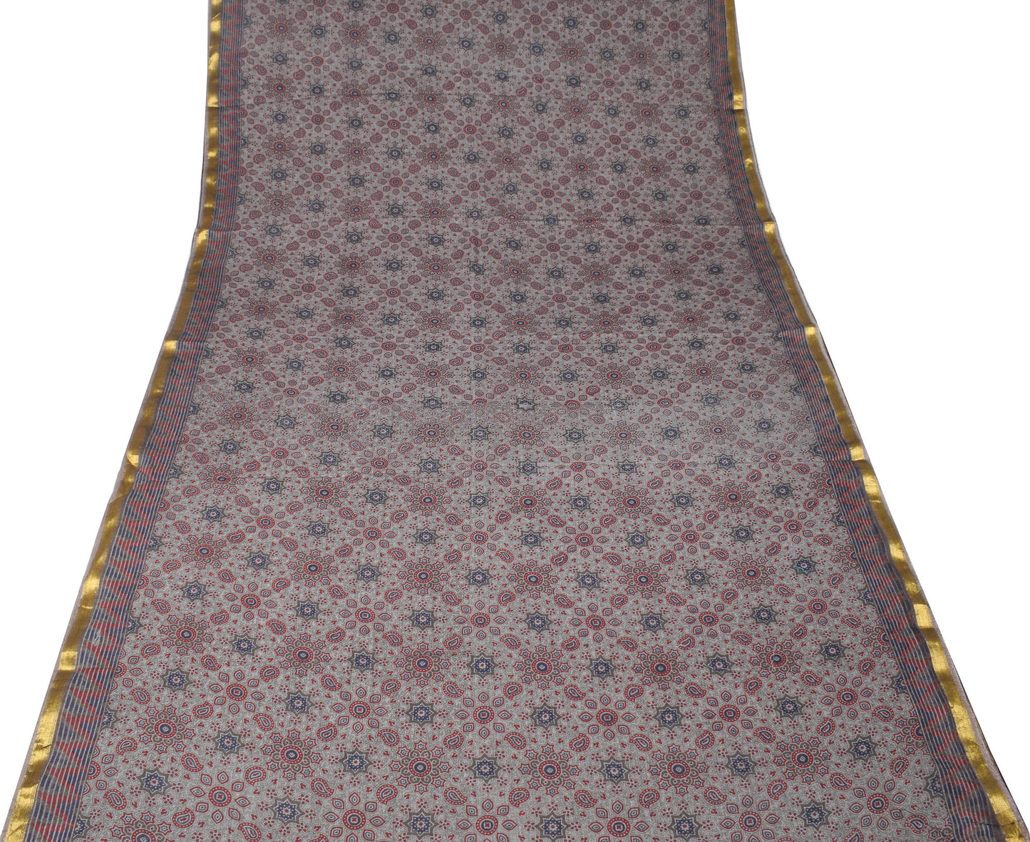 Sushila Vintage Ajrakh Block Print Saree Gray Pure Cotton Printed Soft Craft Fabric