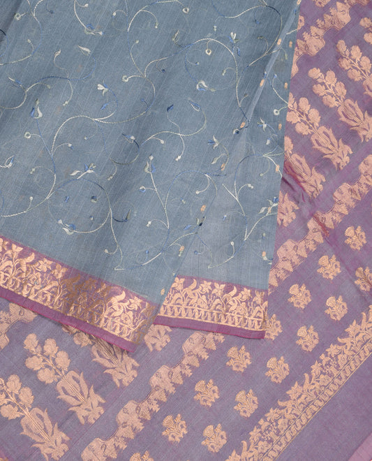 Sushila Vintage Gray Saree Pure Silk Embroidered with Gold Zari Brocade Sari Fabric