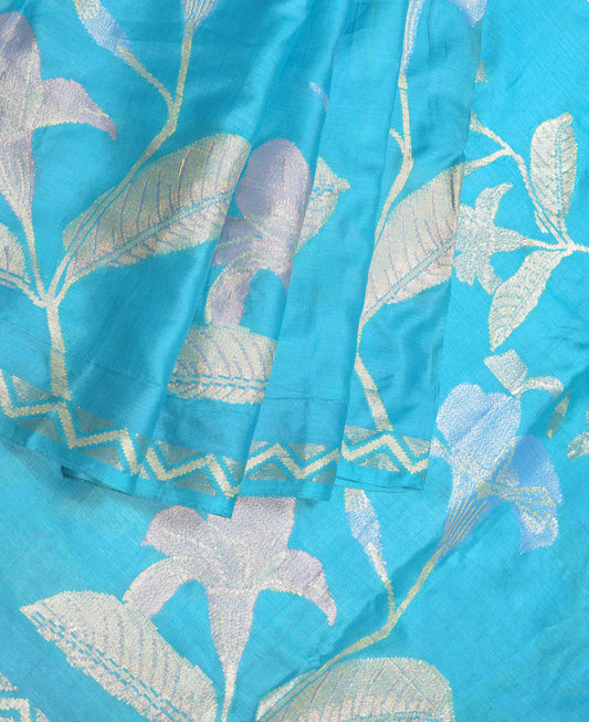 Sushila Vintage Turquoise Blue Saree Pure Tussar Silk Woven Floral 5YD Sari Fabric