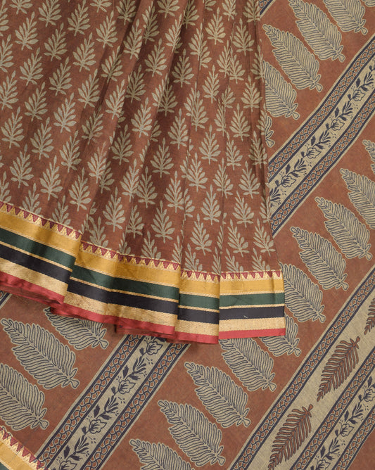 Sushila Vintage Brown Block Print Saree Woven Border Pure Cotton Sari Fabric