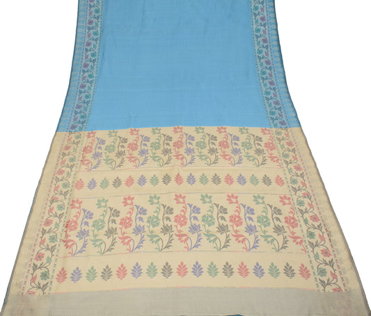 Sushila Vintage Turquoise Blue Saree Pure Cotton Silk Woven Sari Craft Fabric