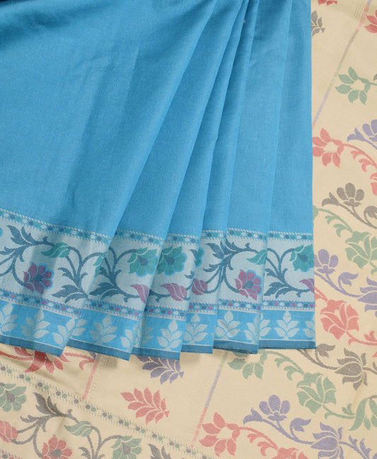 Sushila Vintage Turquoise Blue Saree Pure Cotton Silk Woven Sari Craft Fabric