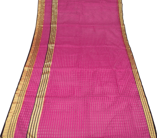 Sushila Vintage Fuchsia Pink Saree Art Oranges Checks Woven Sari Craft Fabric