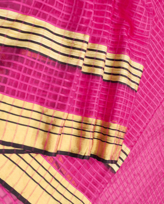 Sushila Vintage Fuchsia Pink Saree Art Oranges Checks Woven Sari Craft Fabric
