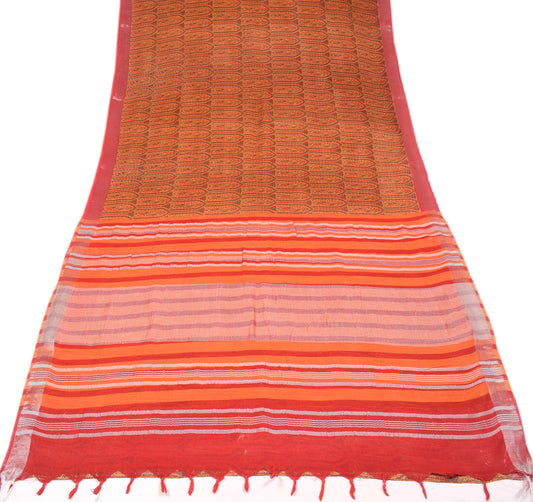 Sushila Vintage Red Hand Printed Saree Zari Border Pure Cotton Linen Sari Craft Fabric