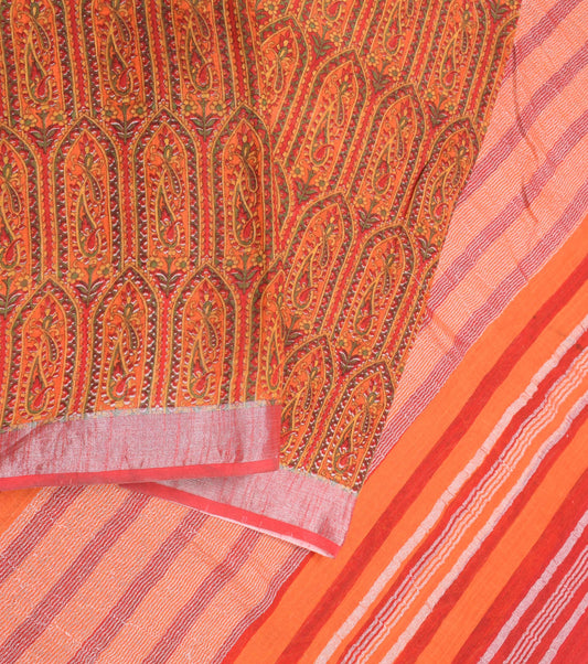 Sushila Vintage Red Hand Printed Saree Zari Border Pure Cotton Linen Sari Craft Fabric