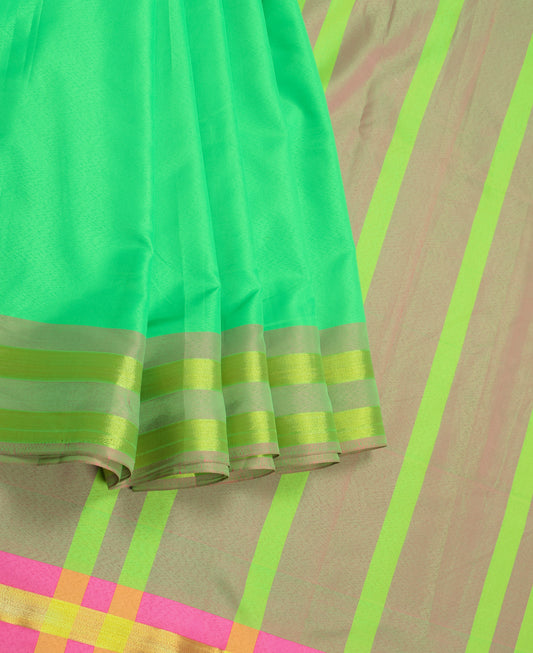Sushila Vintage Vibrant Green Saree Stripes Woven Art Silk 6YD Sari Blouse Fabric