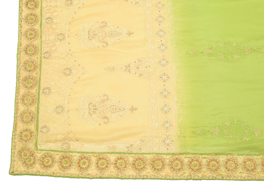 Sushila Vintage Beige & Green Saree Art Chiffon Floral Embroidered Sari Craft Fabric