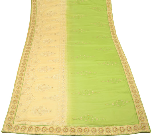 Sushila Vintage Beige & Green Saree Art Chiffon Floral Embroidered Sari Craft Fabric