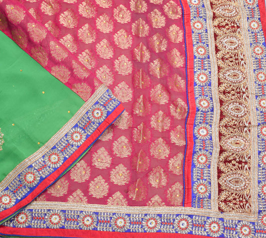 Sushila Vintage Heavy Magenta Saree Pure Georgette Woven Embroidered Sari Craft Fabric
