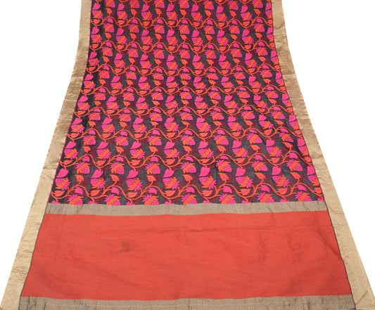 Sushila Vintage Banarasi Art Organza Silk Sari Flower Woven 7YD Black Sari Craft Fabric