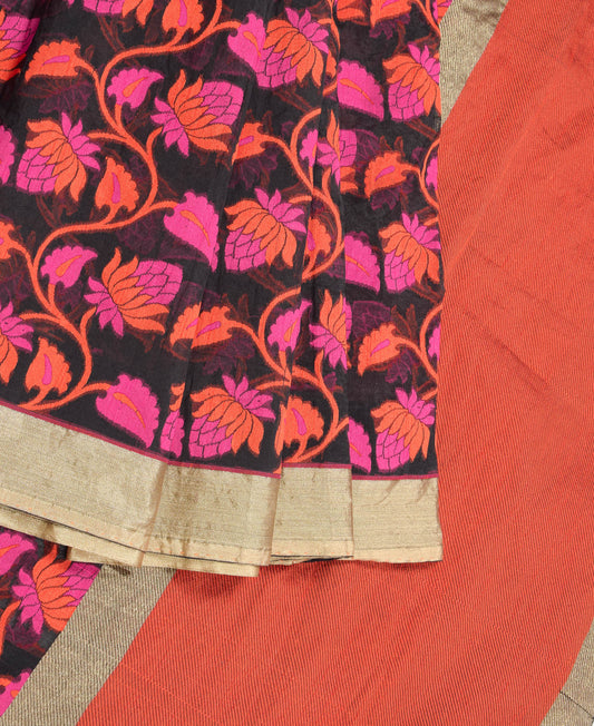 Sushila Vintage Banarasi Art Organza Silk Sari Flower Woven 7YD Black Sari Craft Fabric