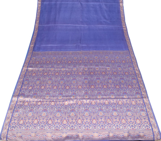 Sushila Vintage Blue Saree Resham Woven Pure Silk Sari 6YD Soft Craft Fabric