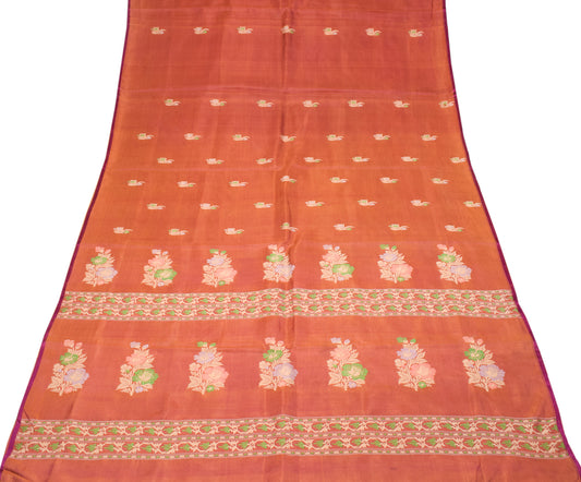 Sushila Vintage Pure Silk Saree Hand Woven Floral Rust Dual Tone Soft Sari Craft Fabric