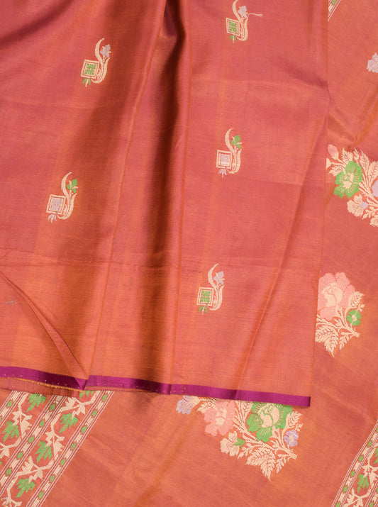 Sushila Vintage Pure Silk Saree Hand Woven Floral Rust Dual Tone Soft Sari Craft Fabric