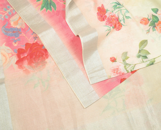 Sushila Vintage Art Cotton Linen Saree Digital Printed & Woven Pink Green Sari Craft Fabric