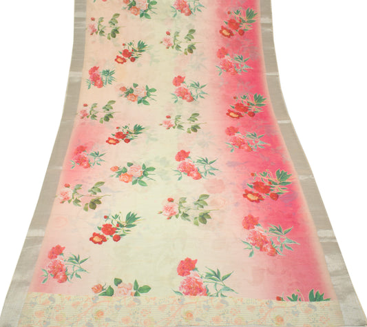 Sushila Vintage Art Cotton Linen Saree Digital Printed & Woven Pink Green Sari Craft Fabric