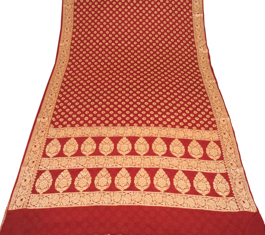 Sushila Vintage Red Gold Banarasi Saree Pure Chiffon Hand Woven Sari Soft Fabric