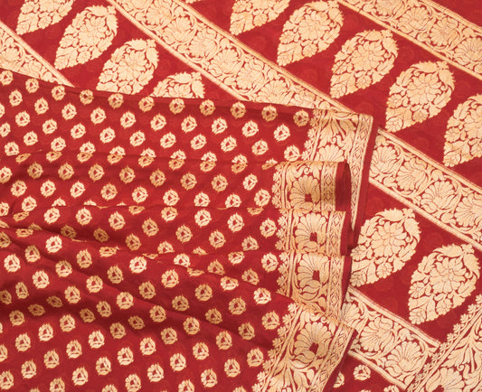 Sushila Vintage Red Gold Banarasi Saree Pure Chiffon Hand Woven Sari Soft Fabric