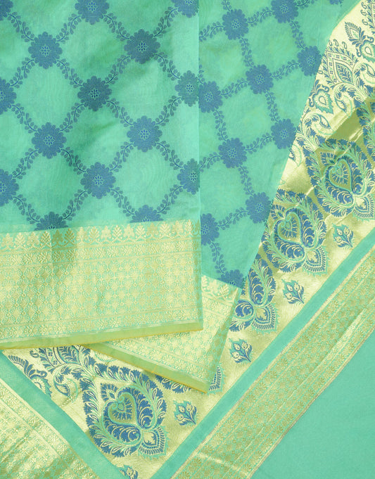Sushila Vintage Green Floral Saree  Art Cotton Silk Woven Floral 6YD  Sari Blouse Fabric