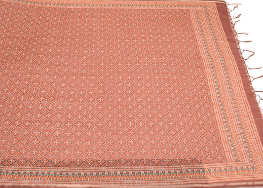 Sushila Vintage Brown Saree Geometric Ikat-Type Printed Art Cotton Silk Sari Craft Fabric