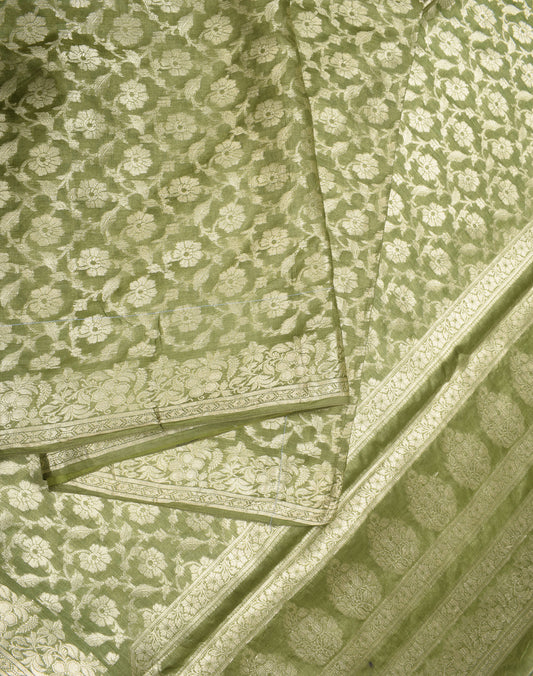 Sushila Vintage Zari Woven Green Saree Pure Tussar Silk Floral Sari Craft Fabric