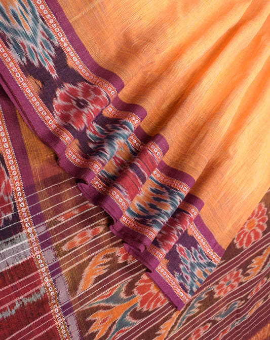 Sushila Vintage BRANDED Yellow Saree Sambalpuri Ikat Pure Cotton Sari Craft Fabric