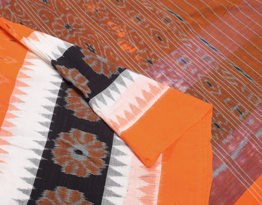 Sushila Vintage Orange Ikat Saree Hand Woven Sambalpuri Pure Cotton Sari Fabric