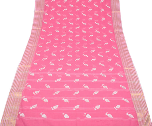 Sushila Vintage Pure Cotton Pink Saree Embroidered & Zari Woven Sari Soft Fabric