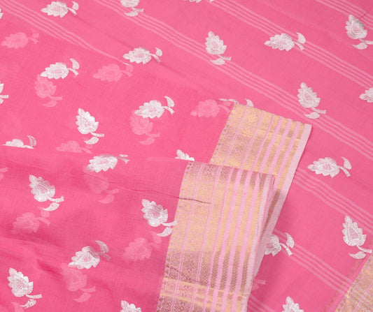 Sushila Vintage Pure Cotton Pink Saree Embroidered & Zari Woven Sari Soft Fabric
