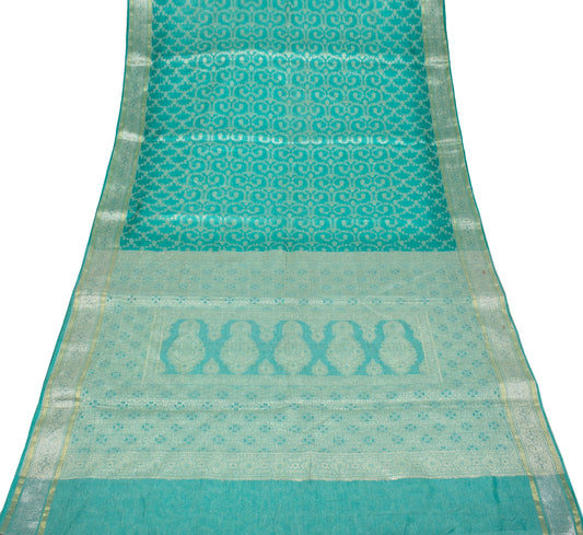 Sushila Vintage Aqua Green Saree Woven Floral Pure Tussar Silk Sari Craft Fabric