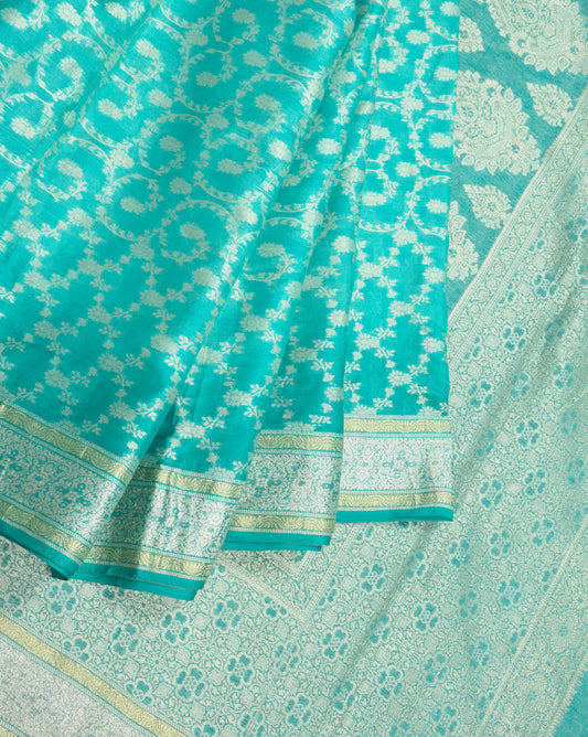 Sushila Vintage Aqua Green Saree Woven Floral Pure Tussar Silk Sari Craft Fabric