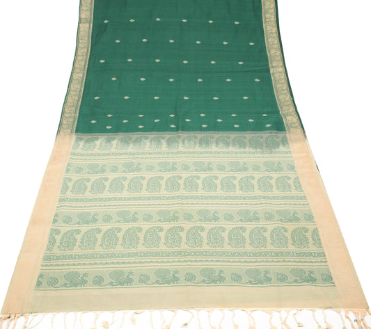 Sushila Vintage Dark Green Saree Pure Cotton Peacock Woven Sari Craft Fabric