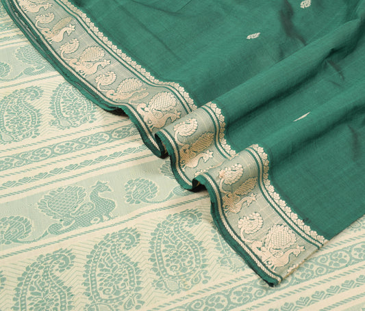 Sushila Vintage Dark Green Saree Pure Cotton Peacock Woven Sari Craft Fabric