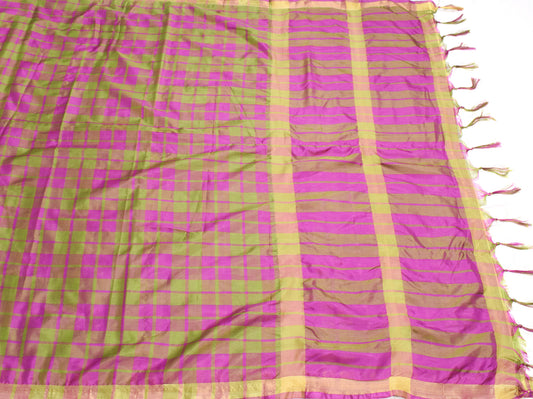 Sushila Vintage Purple Green Saree Checks Woven Chettinad Art Silk Sari Craft Fabric