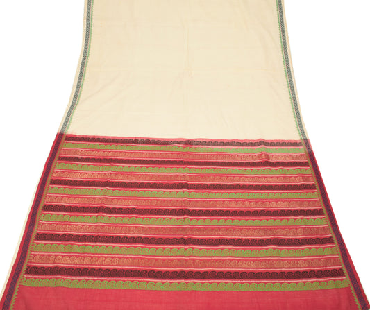 Sushila Vintage Cream Handloom Saree Pure Cotton Woven Sari Craft Fabric
