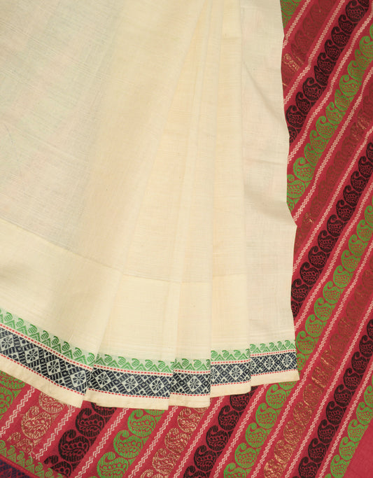 Sushila Vintage Cream Handloom Saree Pure Cotton Woven Sari Craft Fabric