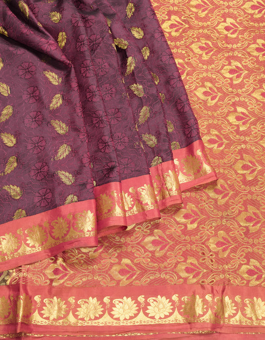 Sushila Vintage Pure Kanjivaram Silk Saree Woven Gold Zari Wine Sari Fabric