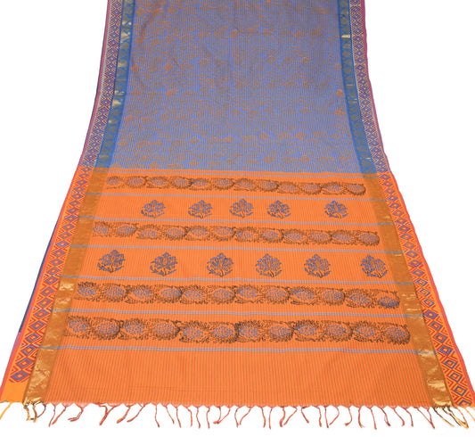 Sushila Vintage Blue Block Print Saree Zari Woven Pure Cotton Silk Sari Craft Fabric