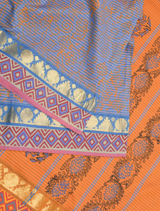 Sushila Vintage Blue Block Print Saree Zari Woven Pure Cotton Silk Sari Craft Fabric